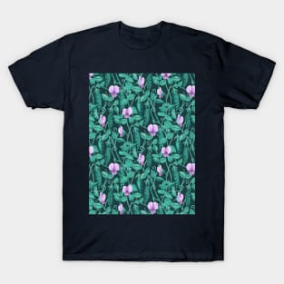 Fresh Garden Pea Floral on Dark Green T-Shirt
